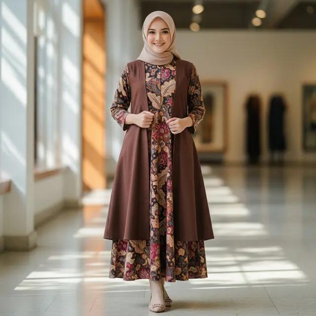 Tren Gamis Batik Hijab dengan Outer Rompi