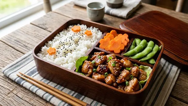 Bento Ayam Teriyaki dengan Wortel dan Edamame