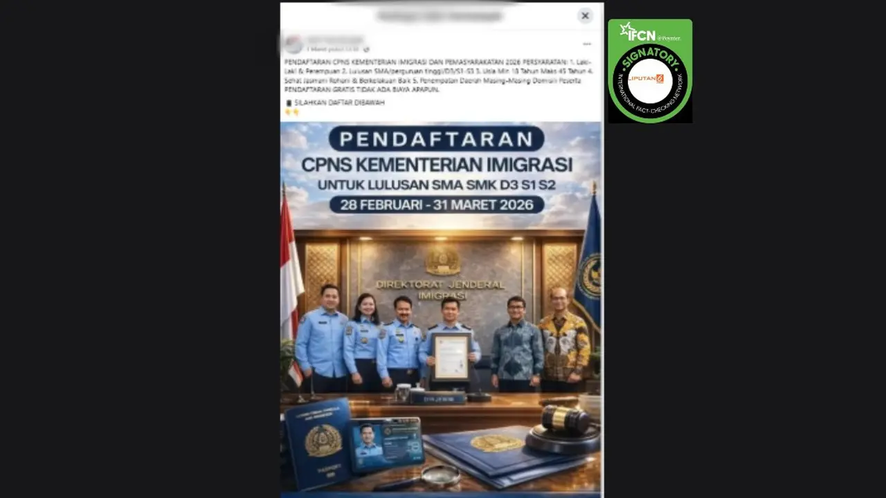 Cek Fakta Liputan6.com mendapati klaim link pendaftaran CPNS Kementerian Imigrasi dan Pemasyarakatan 2026.