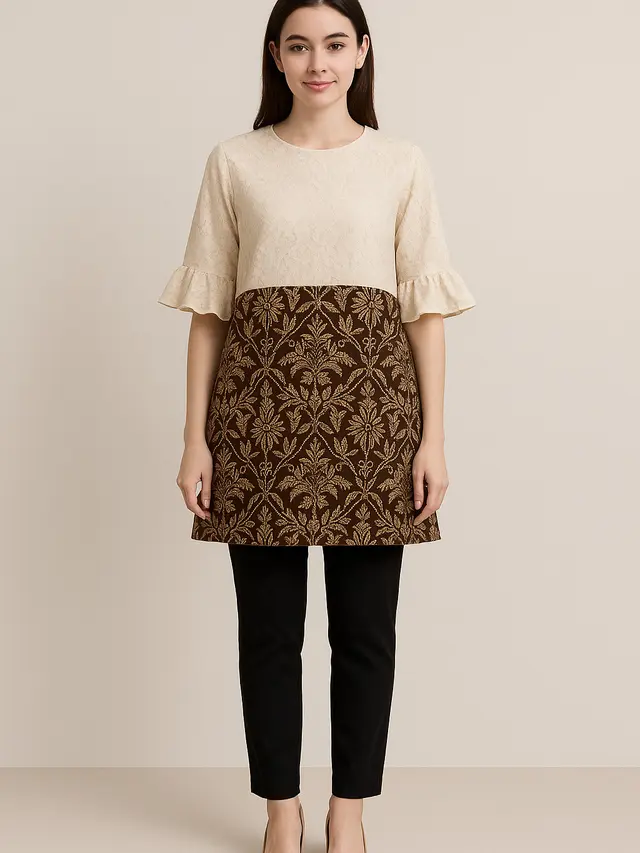 Model Batik Brokat Kombinasi Lengan Ruffle Modern
