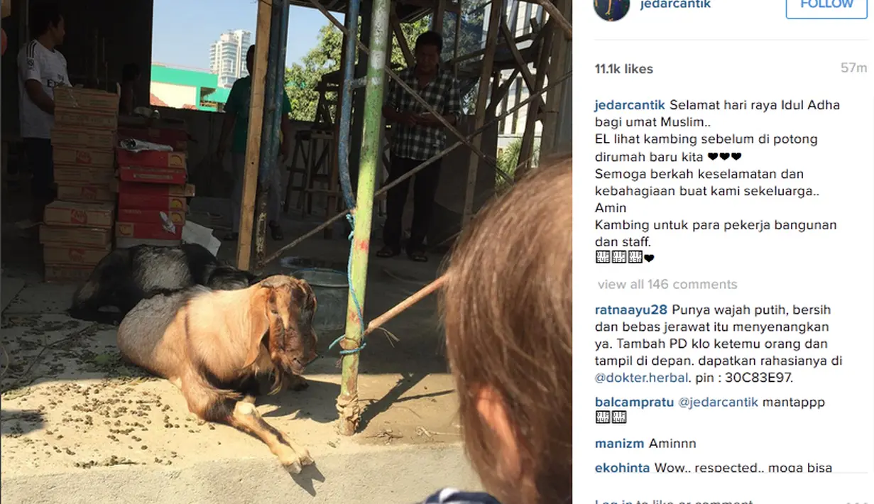Jessica Iskandar bersama buah hati rayakan Idul Adha dengan berkurban kambing. (via instagram/@jedarcantik)