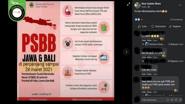 Gambar Tangkapan Layar Kabar tentang PSBB Jawa dan Bali Diperpanjang hingga 28 Maret 2021 (sumber: Facebook)