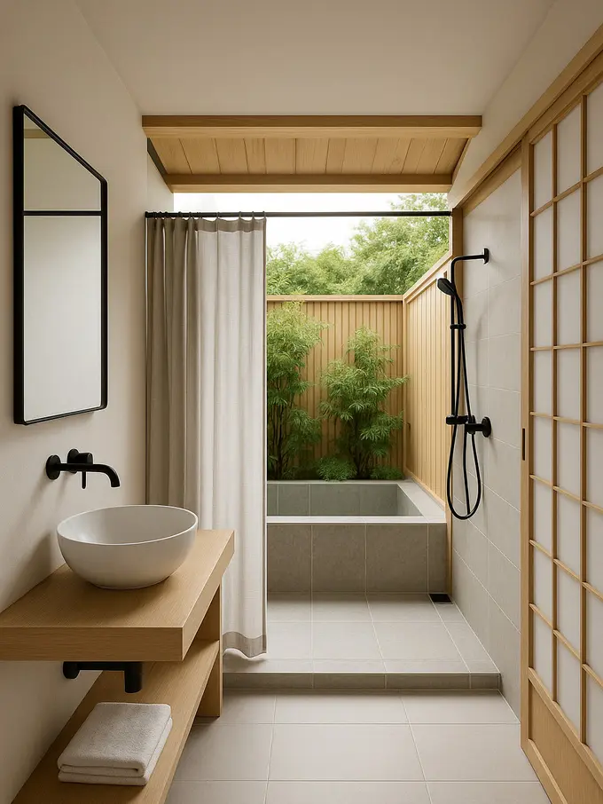 Inspirasi Kamar Mandi Semi Outdoor Bergaya Jepang (Image by ChatGPT)