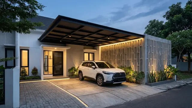 Carport Roster Vertikal dengan Kanopi Melayang