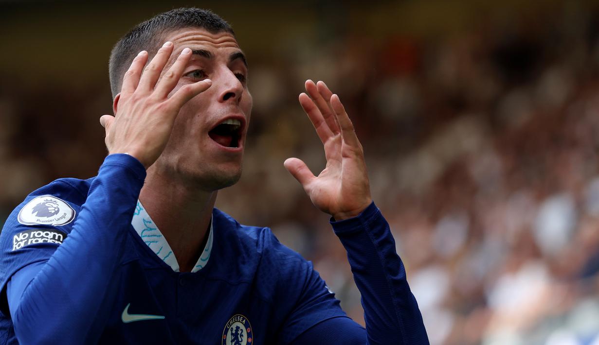 Reaksi pemain Chelsea Kai Havertz saat melawan Tottenham Hotspur pada pertandingan sepak bola Liga Inggris di Stadion Stamford Bridge, London, Inggris, 14 Agustus 2022. Pertandingan berakhir imbang 2-2. (AP Photo/Ian Walton)