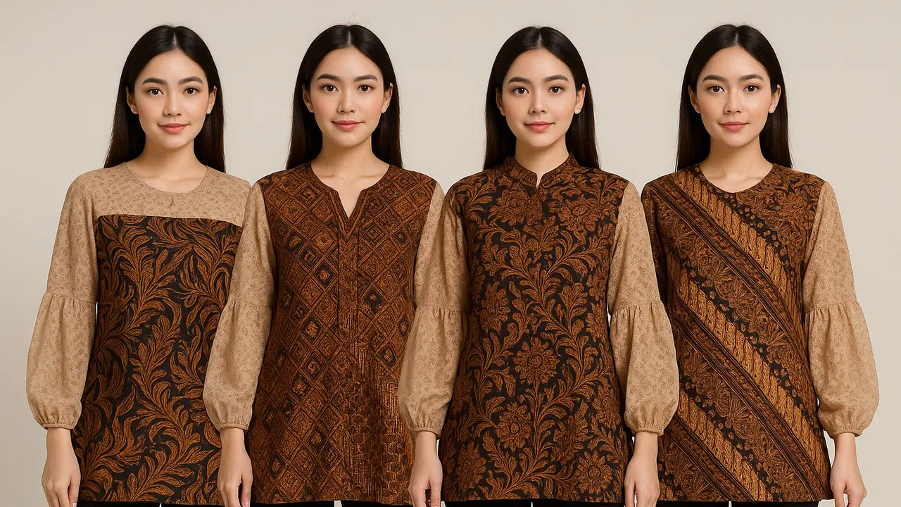 Model Tunik Batik Kombinasi Brokat Lengan Bishop