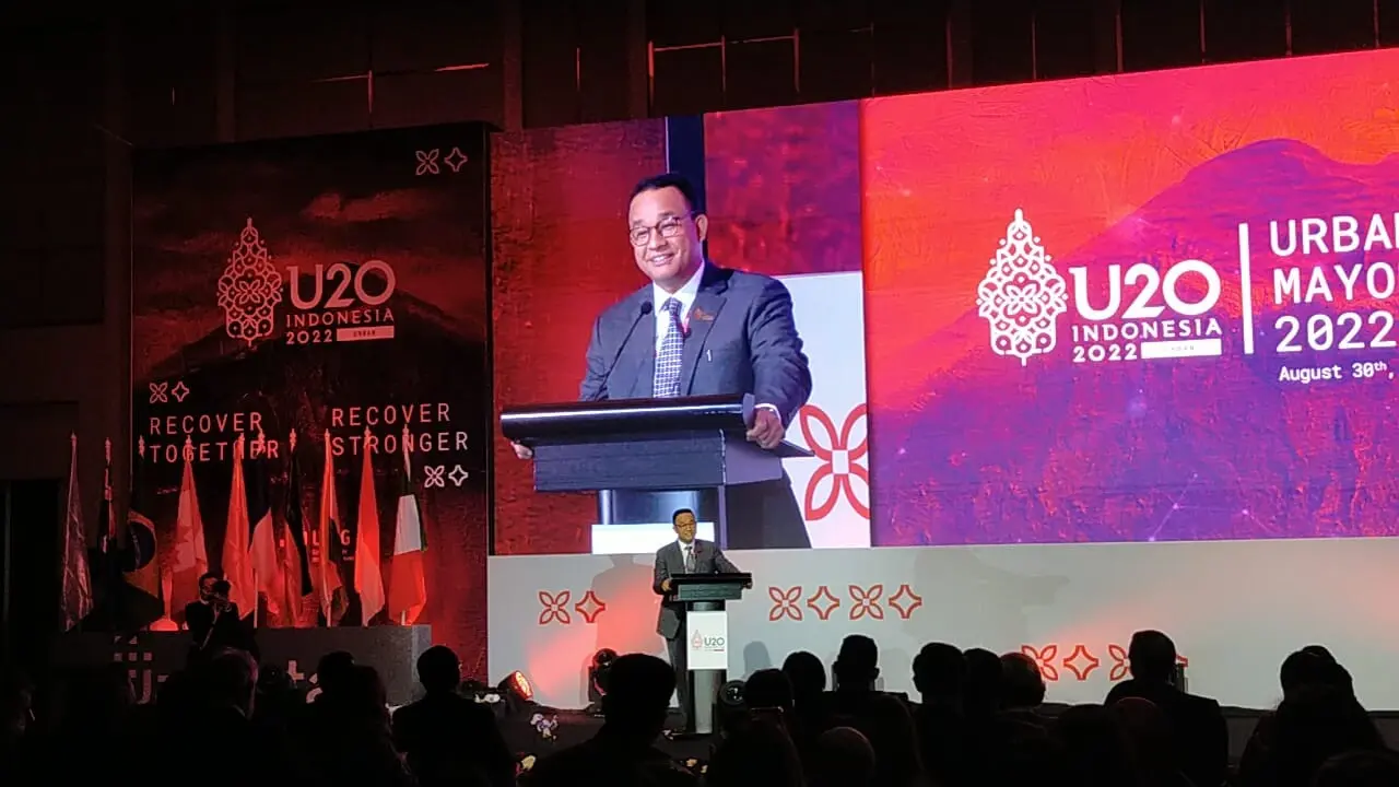 Gubernur DKI Jakarta Anies Baswedan saat berbicara di hadapan peserta Forum Urban 20 (U20) Mayors Summit 2022 di Hotel Fairmont, Jakarta. (Liputan6.com/WInda Nelfira)