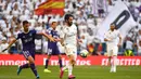 Gelandang Real Madrid, Isco, berusaha melewati bek Valladolid, Javi Moyano, pada laga La Liga di Stadion Santiago Bernabeu, Madrid, Sabtu (24/8). Kedua klub bermain imbang 1-1. (AFP/Gabriel Bouys)