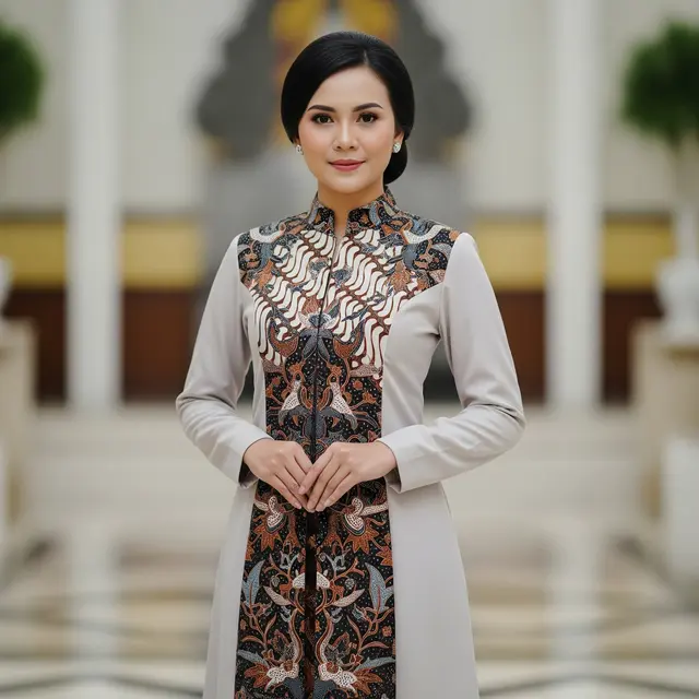 Gamis Batik dengan Kombinasi Polos dan Detail Kerah Shanghai