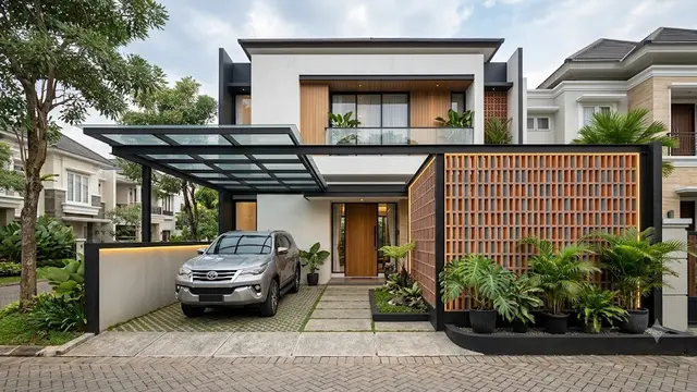 Desain Carport dengan Roster dan Kanopi Baja Ringan (AI Generated)