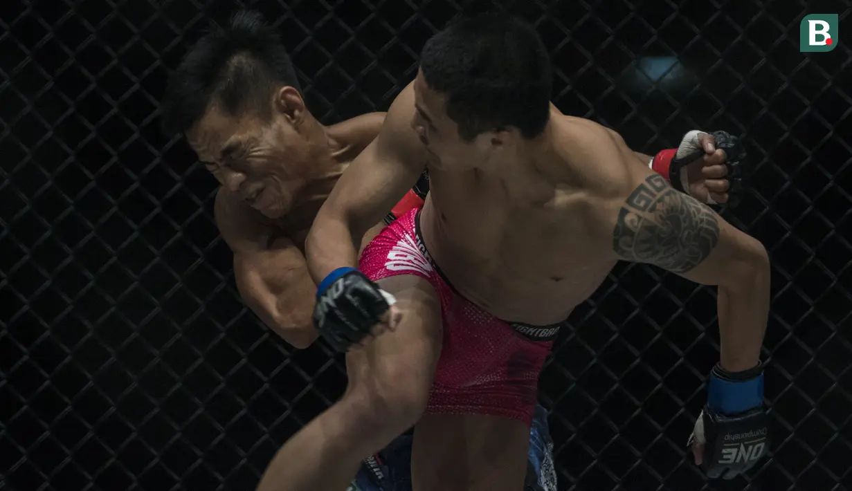 Atlet MMA Indonesia, Stefer Rahardian, terkena pukulan atlet MMA China, Peng Xue Wen, pada kelas strawweight di JCC Senayan, Jakarta, Sabtu (22/9/2018). Stefer Rahardian kalah dari Peng Xue Wen. (Bola.com/Vitalis Yogi Trisna)