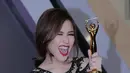 Ayu menjadi pemenang untuk kategori Penyanyi Dangdut Wanita Terpopuler. Pedangdut yang ngetop lewat lagu Alamat Palsu itu mengaku tidak menyangka bisa meraih. (Deki Prayoga/Bintang.com)