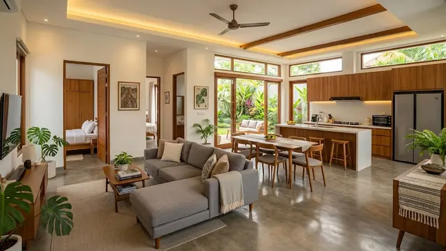 Desain Rumah 3 Kamar dengan Ruang Keluarga Tanpa Dinding Pembatas