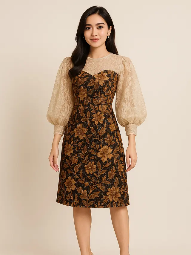 Model Dress Batik Lengan Balon Two Tone Kekinian
