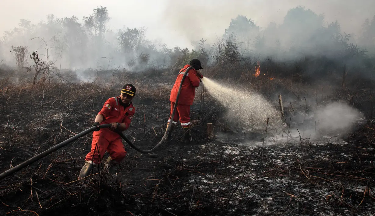 Kobaran api yang tak terkendali dan asap pekat menyelimuti kawasan yang terbakar. (Wahyudi/AFP)