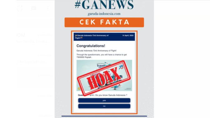 Cek Fakta Liputan6.com menelusuri informasi Garuda Indonesia bagikan uang Rp 5 juta untuk peringati penerbangannya yang ke 73 tahun