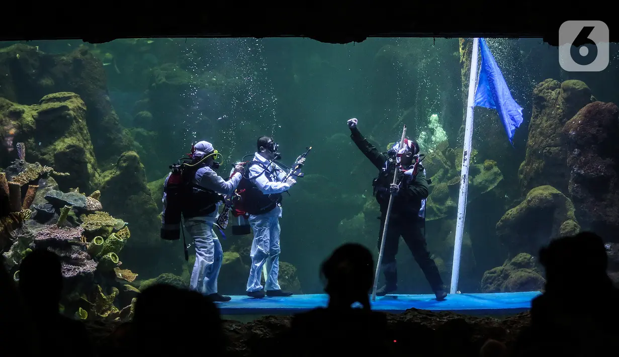 Penyelam mementaskan drama teatrikal yang bertajuk "Semangat perjuangan" di akuarium utama Sea World, Ancol, Jakarta, Selasa (10/11/2020). Pertunjukan dengan latar belakang Pertempuran Surabaya itu digelar pada 7-10 November untuk memperingati Hari Pahlawan Nasional. (Liputan6.com/Johan Tallo)