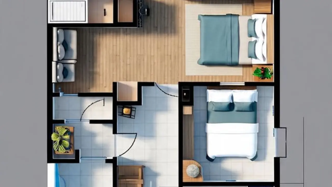 Gambar Desain Rumah Tipe 45 dengan 2 Kamar Tidur (Sumber: Meta AI)