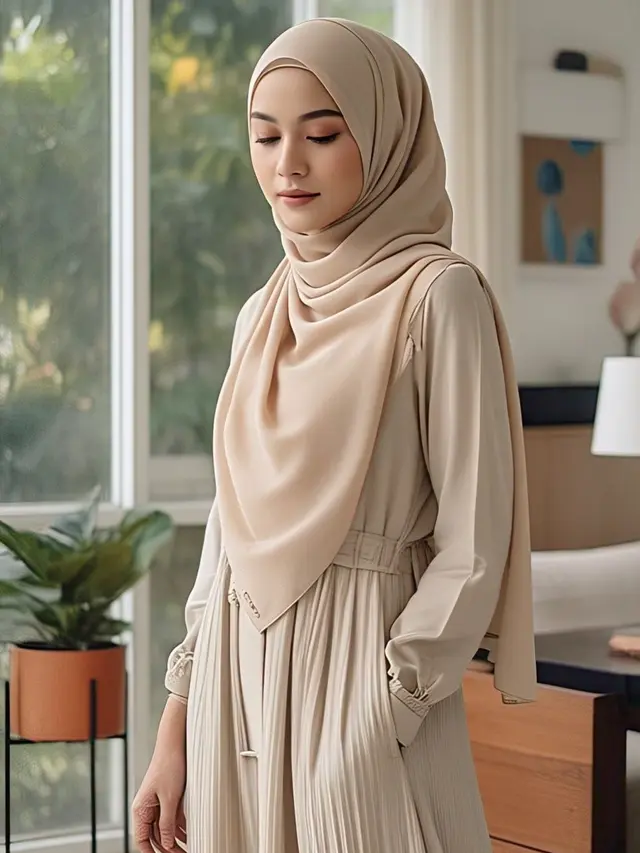 Gamis Plisket Warna Cream / Beige