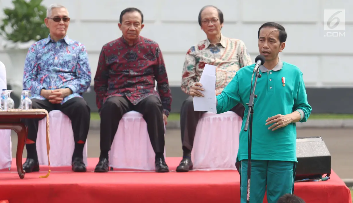 Presiden Joko Widodo (Jokowi) berpidato saat Peluncuran Program Penguatan Pendidikan Pancasila yang di hadiri oleh Dewan Pengarah dan Ketua UKP Pancasila di Istana Bogor, Jawa Barat, Sabtu (12/8). (Liputan6.com/Angga Yuniar)