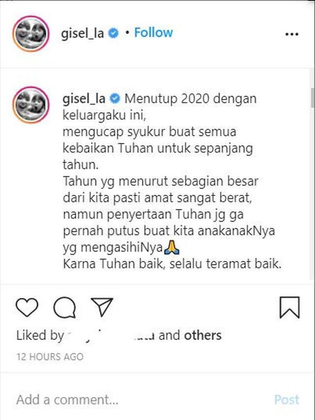 Unggahan Gisel. (Instagram/ gisel_la)