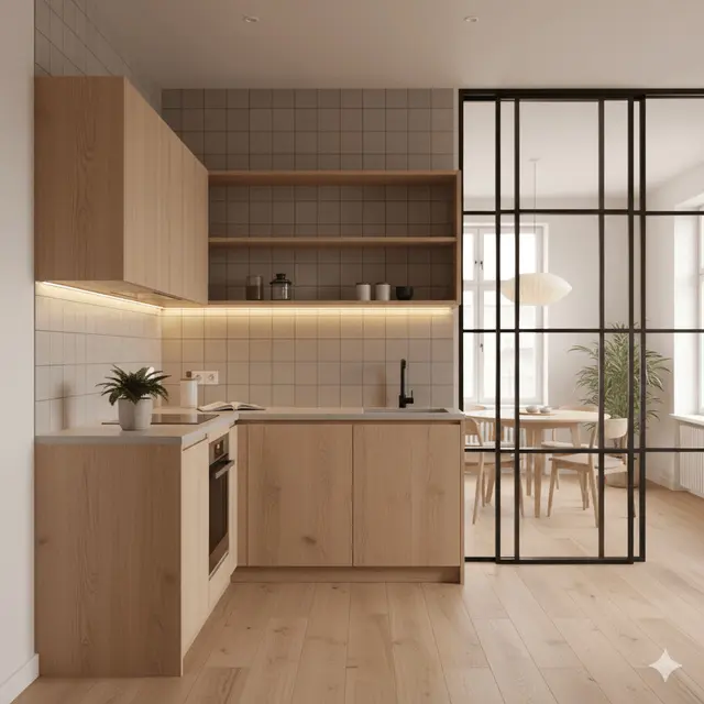 Desain Dapur Rumah Type 36 Ukuran 2x2 Meter dengan Partisi Kaca Geser ke Ruang Makan by Gemini