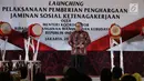 Dirut BPJS Ketenagakerjaan, Agus Susanto memberikan sambutan dalam acara Launching Pelaksanaan Pemberian Penghargaan Jaminan Sosial Ketenagakerjaan di gedung Kemenko Pembangunan Manusia dan Kebudayaan, Jakarta, Selasa (20/6). (Liputan6.com/Faizal Fanani)