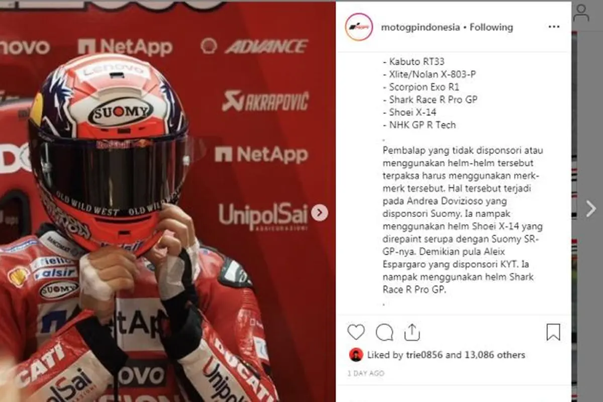 Dovizioso Terpaksa Pakai Helm Suomy Jadi-Jadian (Instagram @motogpindonesia)