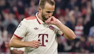 Penyerang Bayern Munchen, Harry Kane, merayakan gol saat timnya melibas Dinamo Zagreb pada matchday pertama Liga Champions 2024/2025, di Allianz Arena, Munich, Rabu (18/9/2024) dini hari WIB. (AFP/Alexandra Beier)