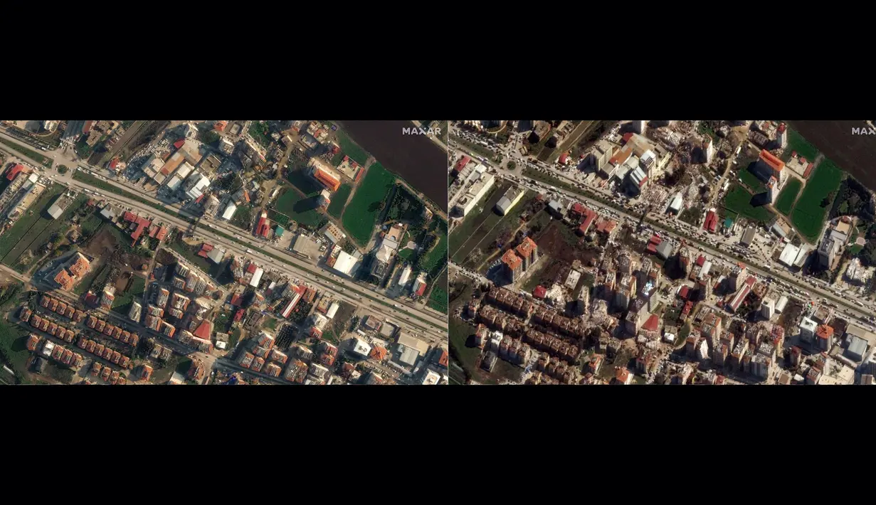 Kombinasi gambar yang dibuat dari citra satelit handout milik Maxar Technologies yang menunjukkan gambaran umum Antakya (foto kiri), Turki pada 22 Desember 2022, sebelum gempa bumi melanda wilayah tersebut pada 6 Februari 2023 dan gambaran umum wilayah Antakya (foto kanan), Turki pada 8 Februari 2023, setelah gempa bumi berkekuatan 7,8 SR yang melanda wilayah tersebut. Jumlah korban tewas gempa bumi besar yang melanda Turki dan Suriah naik di atas 12.000 orang pada tanggal 8 Februari 2023. (AFP/CITRA SATELIT ©2023 MAXAR TECHNOLOGIES)