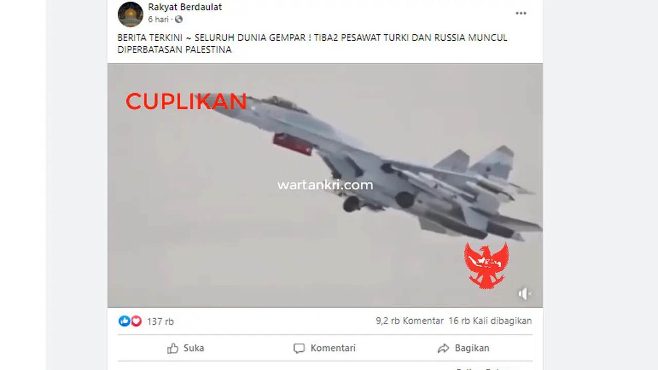 Cek Fakta Liputan6.com menelsuri klaim video pesawat Turki dan Rusia muncul di perbatasan Palestina
