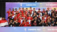 Timnas Indonesia U-22 mengalahkan Thailand 5-2 pada laga final SEA Games 2023 di Olympic Stadium, Phnom Penh, Kamboja, Selasa (16/5/2023) malam WIB. (Nhac NGUYEN/AFP)