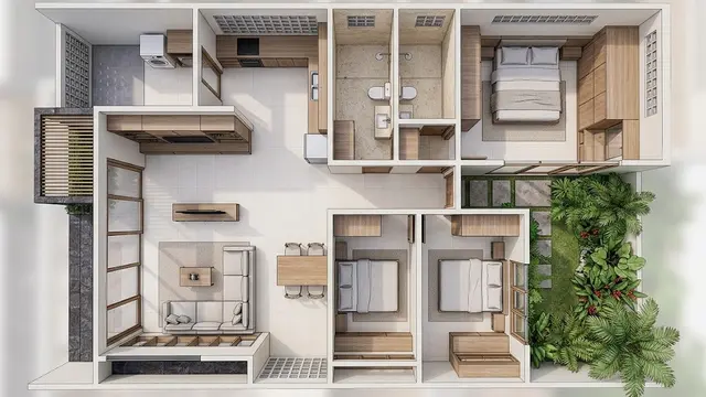Denah Rumah 6x10 Meter 3 Kamar Tidur dengan Sentuhan Modern Tropis