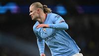 Aksi striker Manchester City, Erling Haaland, pada leg kedua 16 besar Liga Champions kontra RB Leipzig di Stadion Etihad, Manchester, Rabu (15/3/2022) dini hari WIB. (Paul Ellis/AFP)