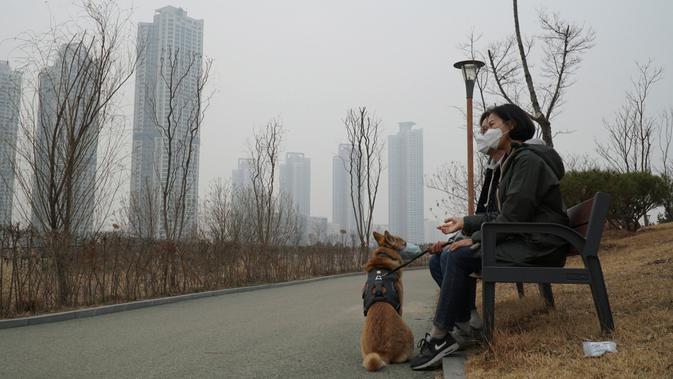Warga dan anjingya memakai masker saat jalan-jalan akibat polusi udara yang menyelimuti Seoul, Korea Selatan, 15 Maret 2019. Parahnya dampak polusi udara menyebabkan otoritas menyebut situasi tersebut sebagai bencana sosial. (REUTERS/Hyun Young Yi)