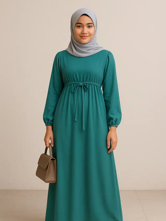 Gamis Empire Waist dengan Aksen Tali Pinggang di Bawah Dada (Foto: Rizka Nur Laily via ChatGPT)