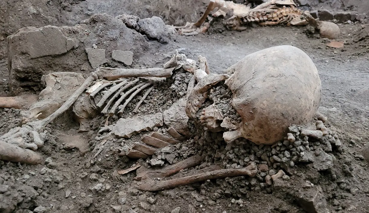 Kerangka manusia terlihat di Taman Arkeologi Pompeii, Italia pada 16 Mei 2023. (Handout/Parco Archeologico di Pompei press office/AFP)