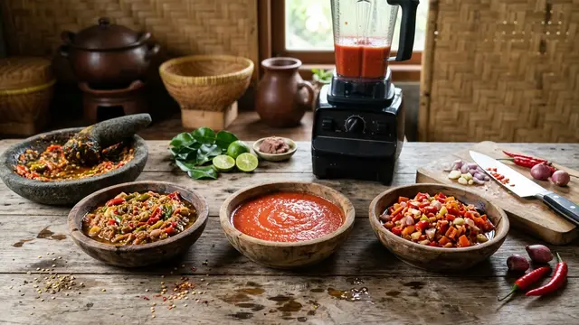 Perbedaan Hasil Sambal yang Diulek, Diblender dan Dicincang (AI Generated)