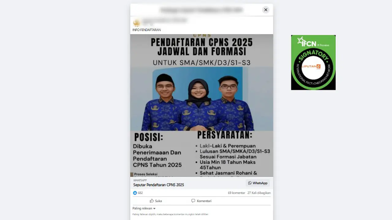 Tangkapan layar klaim tautan pendaftaran CPNS 2025 yang beredar di Facebook.