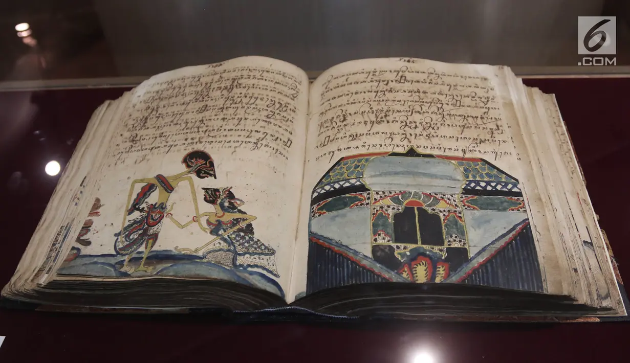 Salah satu karya dalam Festival Panji Internasional di Perpustakaan Nasional, Jakarta, Selasa (10/7). Terdapat ameran naskah kuno, lukisan, topeng, serta pemutaran film animasi dan berbagai ekspresi benda seni bertema Panji. (Liputan6.com/Arya Manggala)