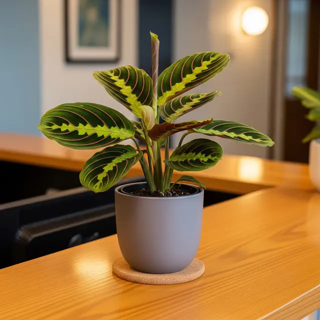 Prayer Plant (Maranta leuconeura) di Meja Resepsionis Kantor (Gemini AI)