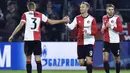 Striker Feyenoord, Nicolai Jorgensen, merayakan gol yang dicetaknya ke gawang Napoli pada laga Liga Champions di Stadion Kuip, Rotterdam, Rabu (6/12/2017). Feyenoord menang 2-1 atas Napoli. (AFP/John Thys)