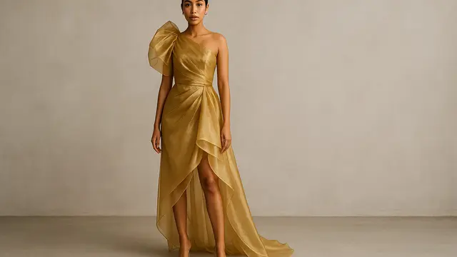 Model Dress Panjang Warna Gold 2025/ Ilustrasi gambar oleh AI