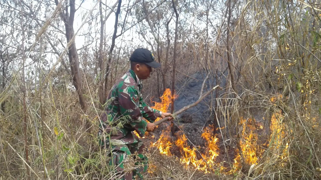 Nampak seorang anggota TNI tengah memadamkan titik api musibah kebakaran di kawasan Gunung Guntur, Garut, Jawa Barat