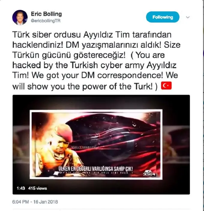 Akun Twitter dua mantan host Fox News, Eric Bolling dan Greta Van Susteren, diretas. Para peretas mengirimkan pesan langsung kepada Presiden AS Donald Trump yang menyatakan dukungannya untuk pemerintah Turki dan Presiden Recep Tayyip Erdogan. (Twitter)