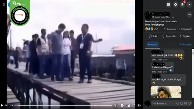 Gambar Tangkapan Layar Video yang Diklaim Jembatan di Samarinda Ambruk Usai Diresmikan (sumber: Facebook).