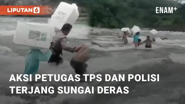 Petugas TPS dan polisi di Maros, Sulsel, menerjang sungai deras. Aksi itu untuk mengantarkan logistik Pemilu 2024