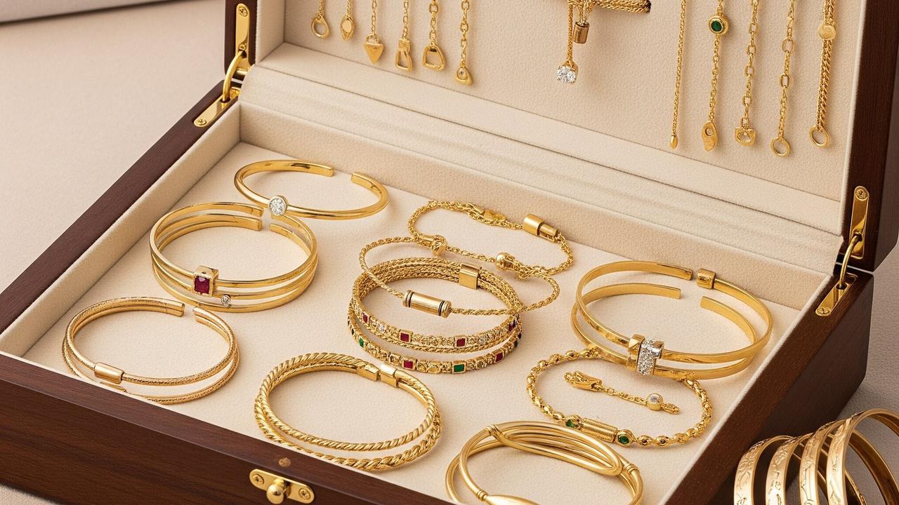 Ilustrasi kotak perhiasan yang berisi koleksi gelang emas.
