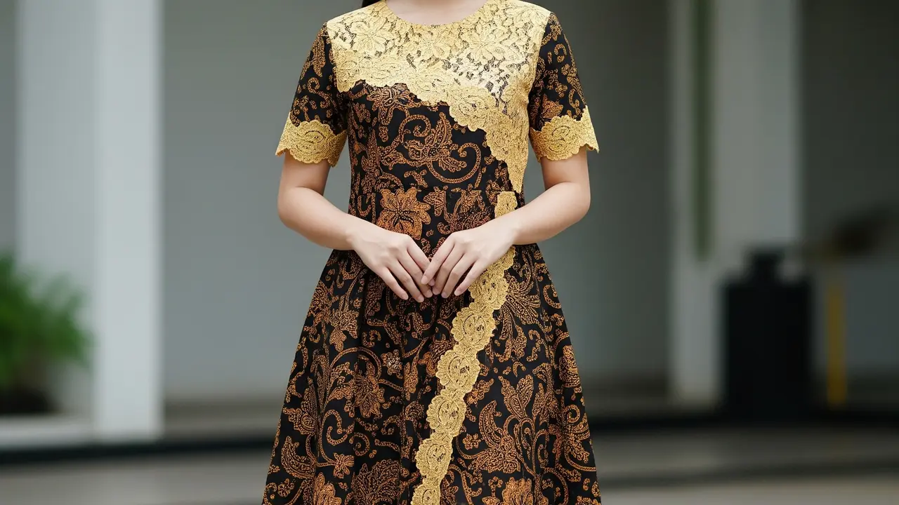 9 Dress Batik Kombinasi Brokat Asimetris Lengan Pendek, Inovasi Gaya Anggun