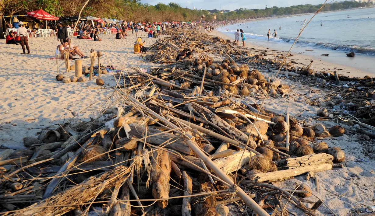 Pemandangan sampah yang terdampar akibat cuaca buruk di Pantai Kuta, Bali, Jumat (15/2). Sampah bervolume besar kembali menepi di Pantai Kuta, kali ini pesisir pantai berpasir putih itu dipenuhi sampah buah kelapa. (SONNY TUMBELAKA/AFP)